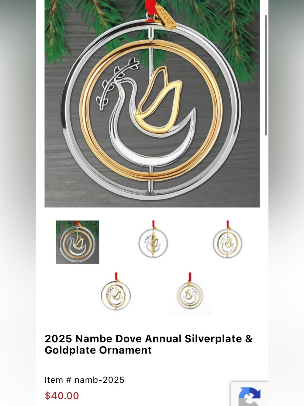 Nambe Silver & Gold Dove Holiday Ornament